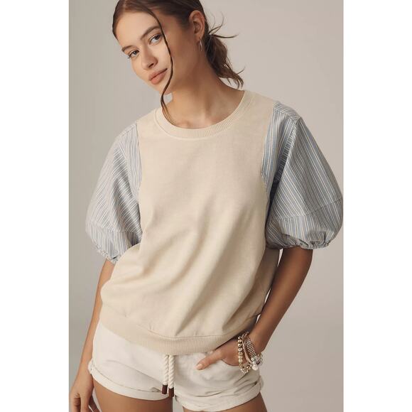 NWT Pilcro Woven Puff-Sleeve Top In Blue/Tan Size XS - Picture 1 of 8